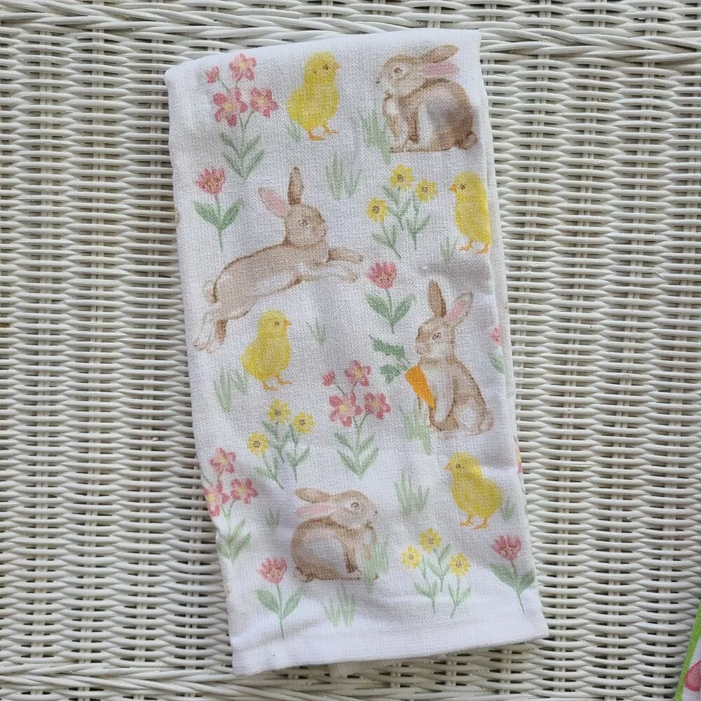 Set of Five Easter Bunny and Spring Floral Terrycloth Kitchen Towels 100% Cotton
